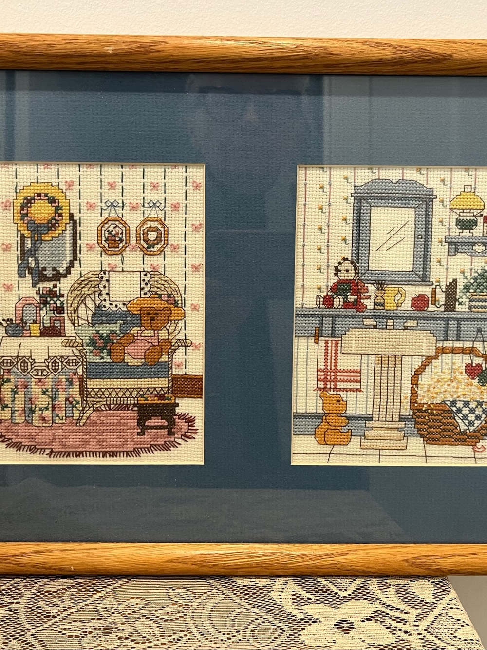 999 Cross Stitch children’s nursery cottage gramma grand millennial in Oak frame